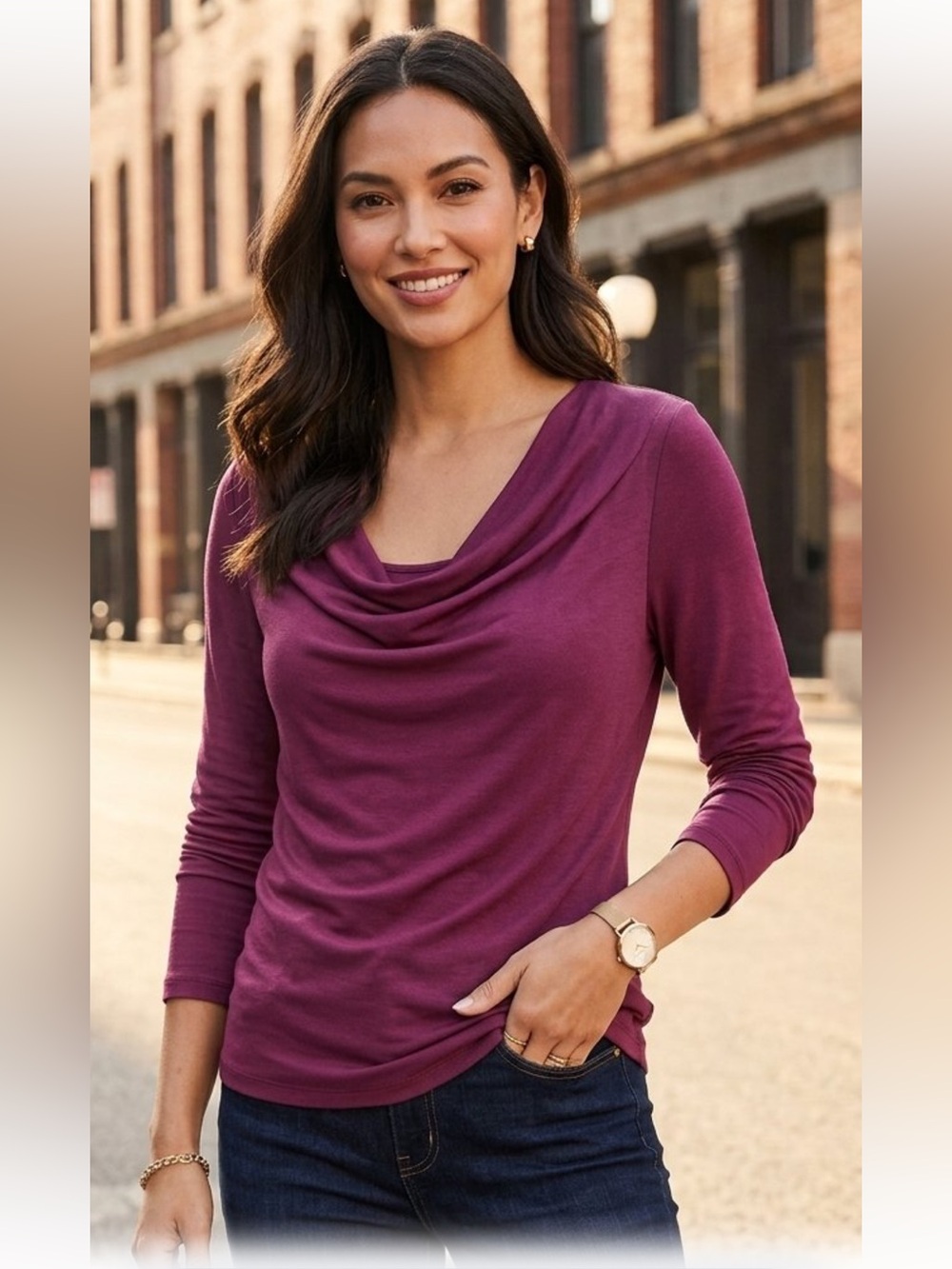 White House Black Market Plum Draped Cowl Neck Long Sleeve Knit Top Size Mediym